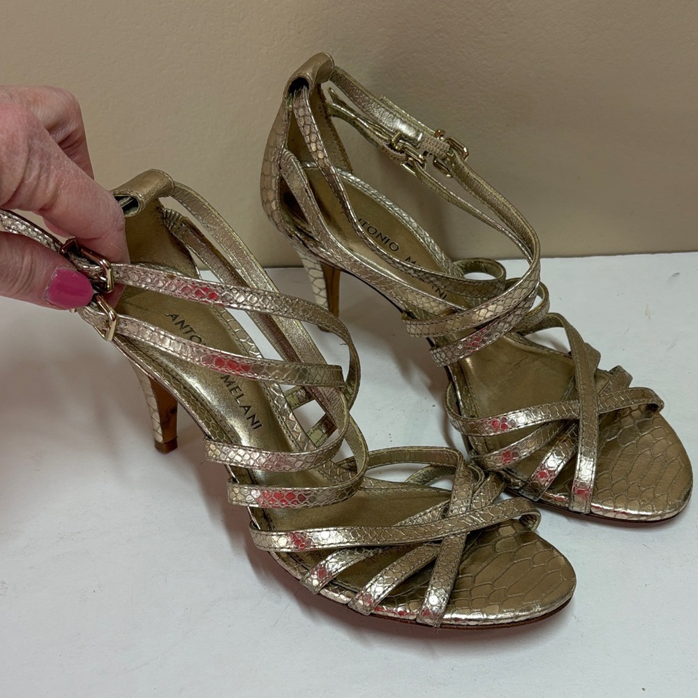 ANTONIO MELANI Gold Strappy Snake-Texture Leather Stiletto Sandals